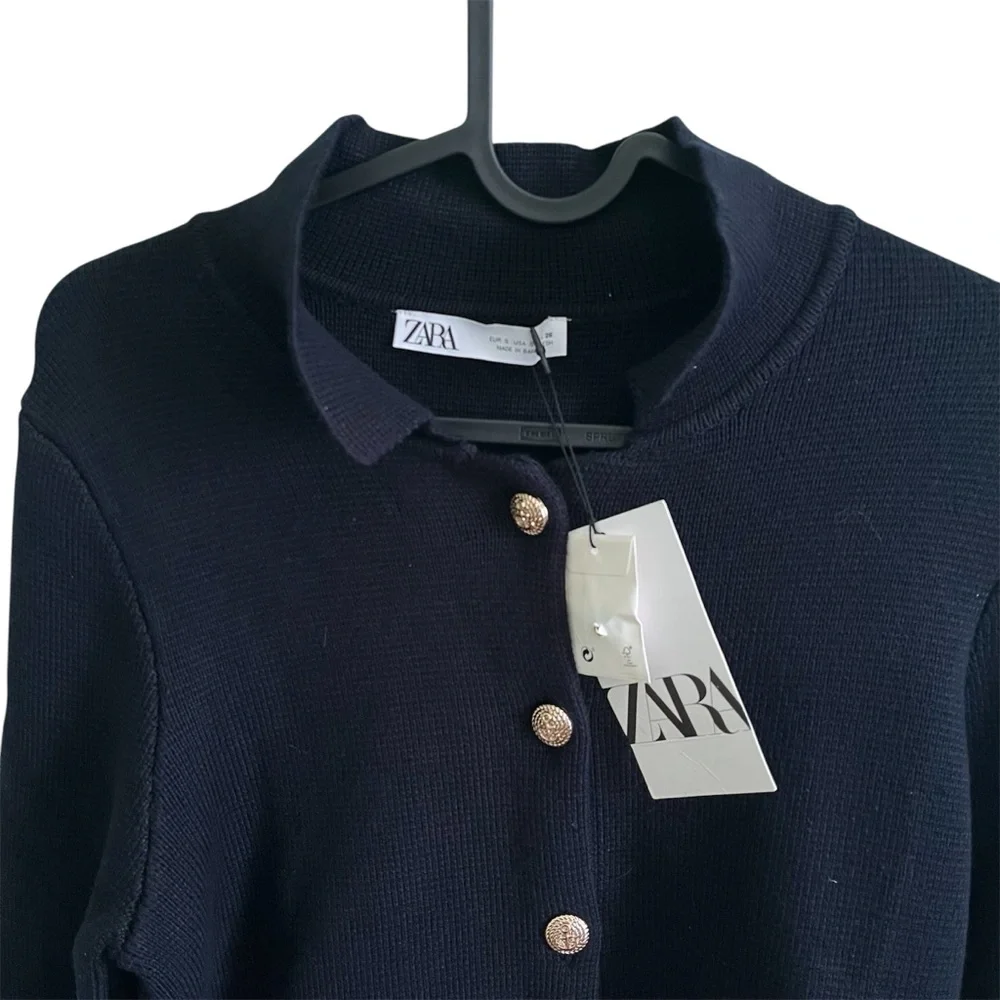 Zara Navy Blue Knit Cardigan Gold tone Button Long Sleeves Blazer style Size S - Picture 4 of 7